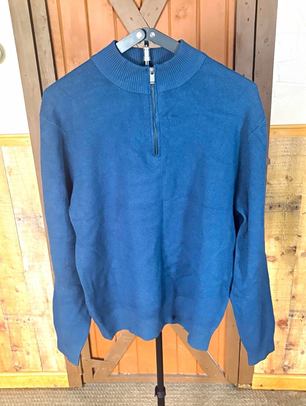 Tahari Men's 1/4 Zip Mock Neck Knit Pullover Sweater Long Sleeve Blue L